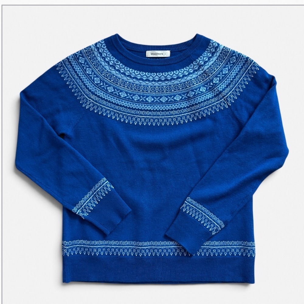 WoolOvers Merino Wool Fair Isle Sweater Blue Metallic Silver Yoke Pullover Small